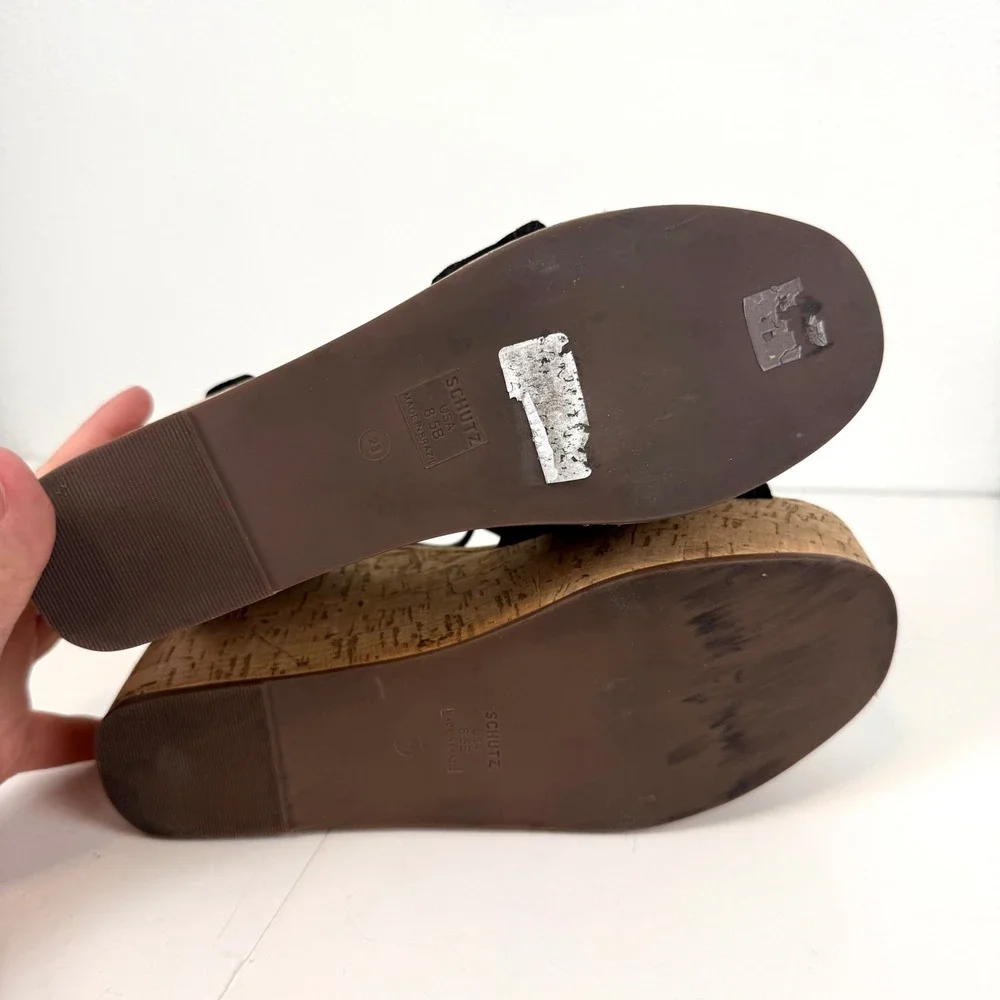 Schutz Black Suede Cork Platform Wedge Sandals Ankle Strap Womens Size 8.5